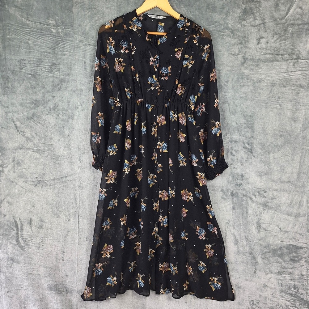 Zara Dress Small Black Velvet Burnout Floral Midi Whimsigoth Fairy Dark Romantic